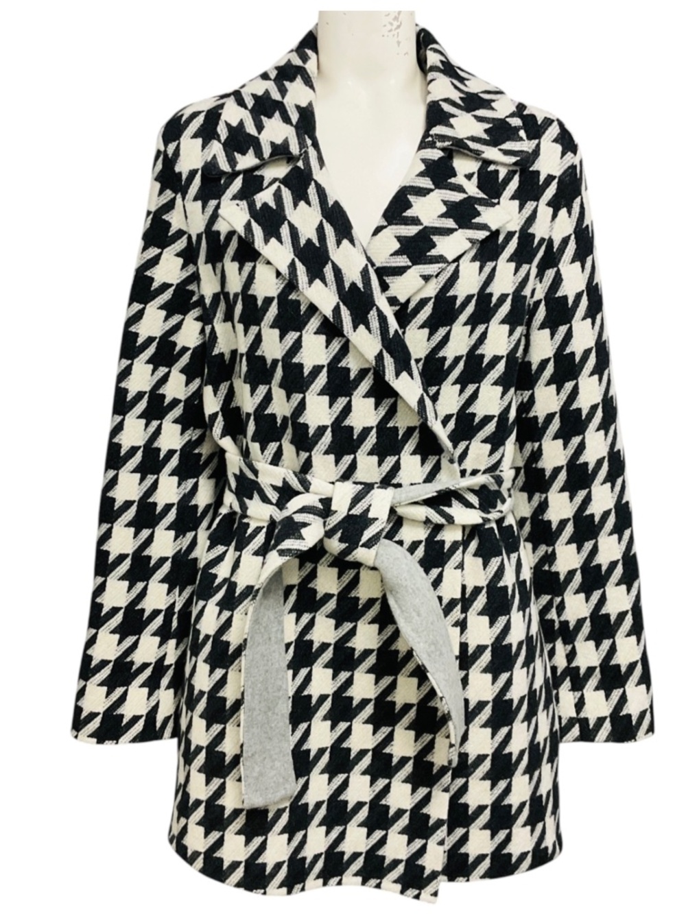 Theory Black / Ivory Belted Overlay Whistler Double Face Wool Coat